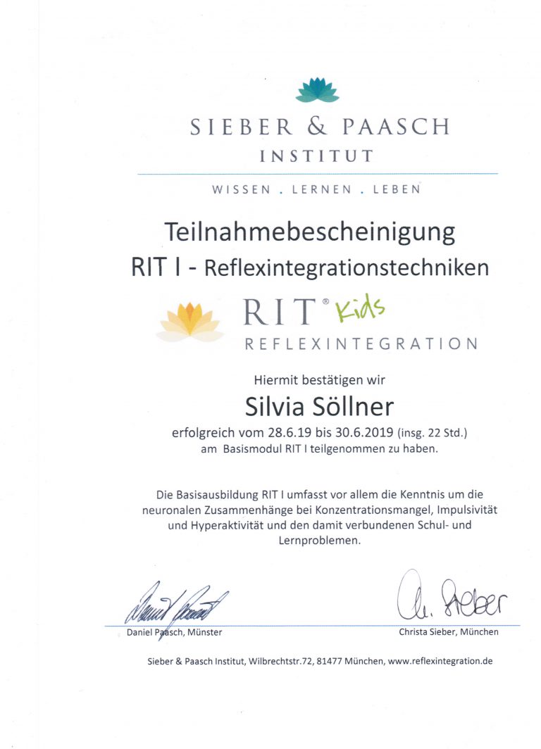 Teilnahmebescheinigung RIT1 Reflexintegrationstechniken