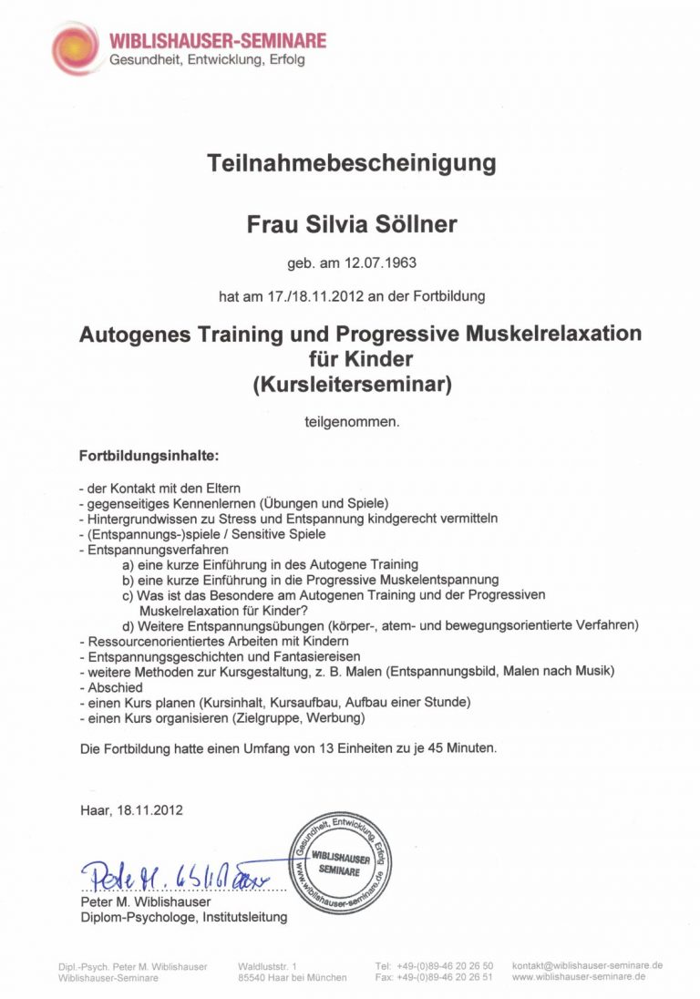 Teilnahmebescheinigung Autogenes Training und Progressive Muskelrelaxation (Kursleiterseminar)