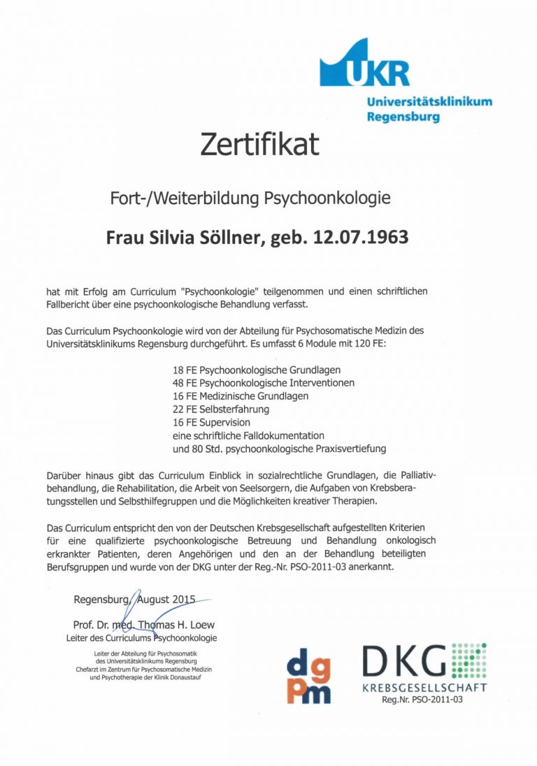 Zertifikat Fort-/Weiterbildung Psychoonkologie