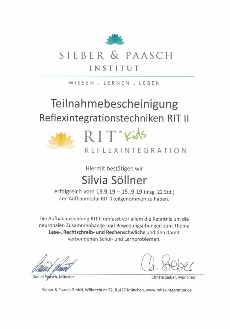Teilnahmebescheinigung Reflexintegrationstechniken RIT