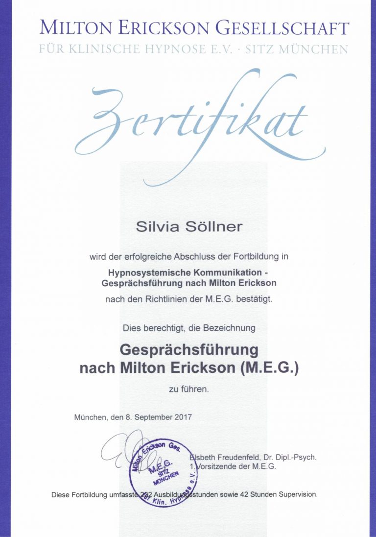Silvia Söllner Zertifikat für Hypnosystemische Kommunikation - Gesprächsführung nach Milton Erickson