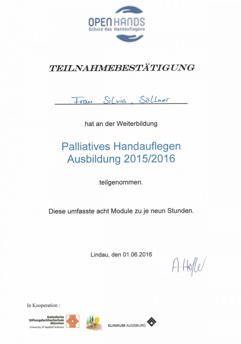 Teilnahmebestätigung palliatives Handauflegen
